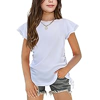 Girls T Shirts Ruffle Short Sleeve Ruched Knot Side Tunic Blouse Summer Tee Tops