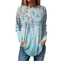 Long Sleeve Shirts for Women Dressy Casual Fall Hippie Tshirts O-Neck Sweatshirts Printed Tunic Tops Loose Pullover