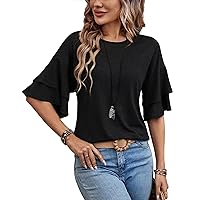Womens Casual Blouses Summer Fashion Clothes Double Tiered Half Bell Sleeve Top Crewneck Loose Fit T Shirts
