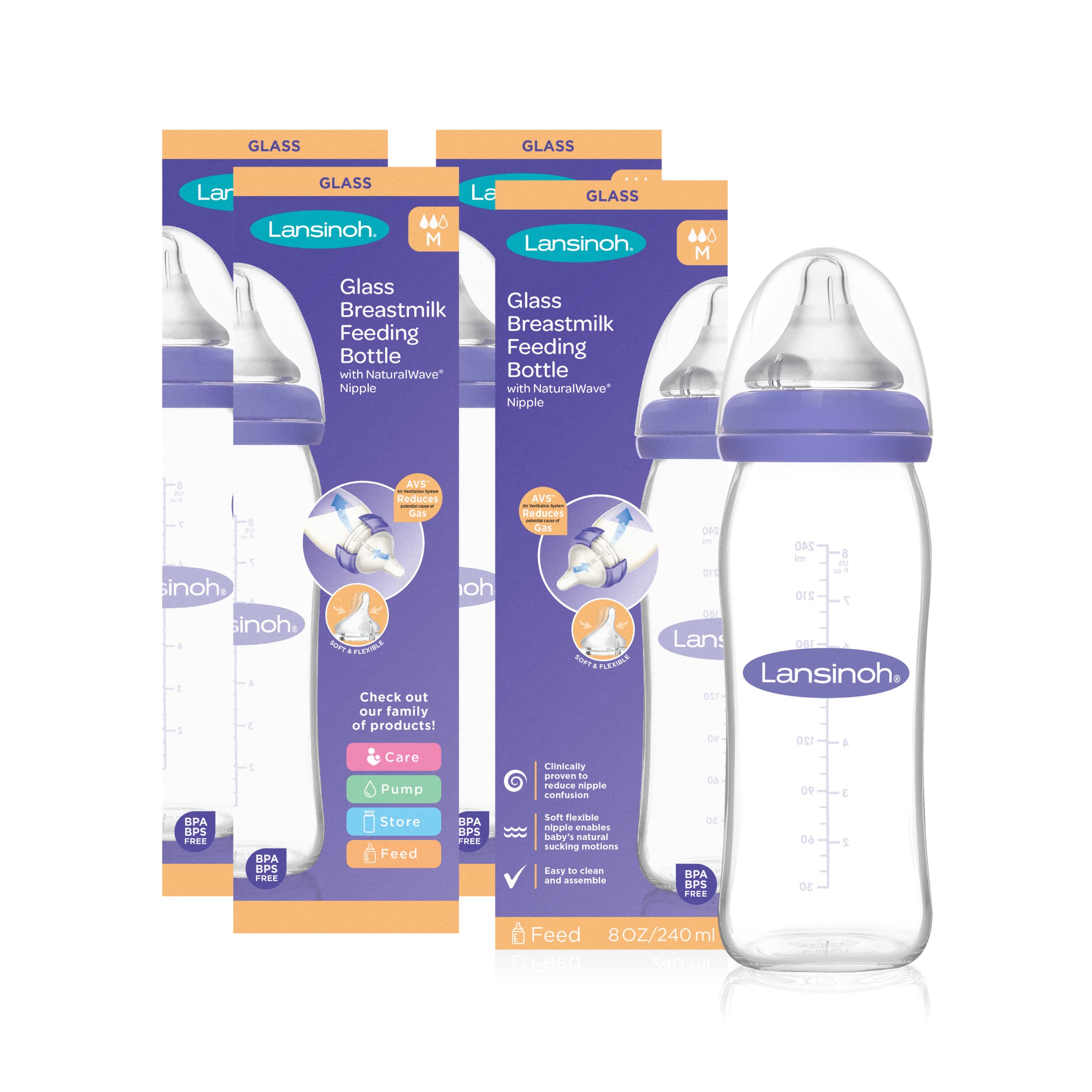 Lansinoh Glass Baby Bottles for Breastfeeding Babies, Includes 4 Medium Flow Nipples (Size 3M), 8 Ounce (Pack of 4)