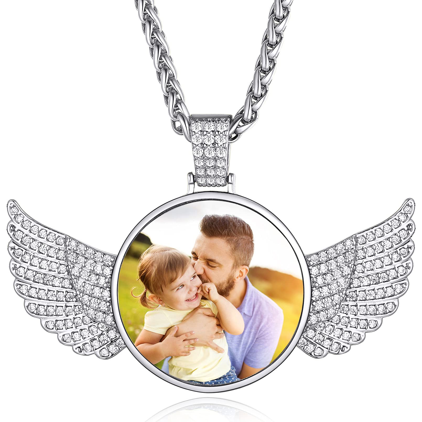 Custom4U Picture Necklace Personalized Photo for Men Women 18K Gold Plated/Black AAA CZ Angel Wings/Heart Medallion Customized Photo Memory Iced Out Pendant Chain 18-30 Inches,Hip Hop Jewelry+Gift Box