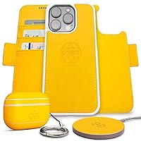 Dreem Bundle: Fibonacci Wallet-Case for iPhone 14 Pro Max with Om Case for AirPods Pro 2 and Empower Wireless Charger Pad [Yellow]