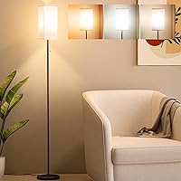 Tall Floor Lamp with Linen Shade - 3 Color Temperature, Black, LED Bulbs, Pull Chain Switch, Easy Assembly