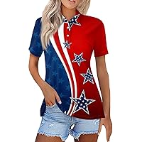 American Flag 4Th of July 2024 Women's Tops Funny Star Stripes Button Down Lapel Neck Short Sleeve Tshirts Blouse