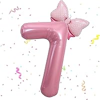 40 Inch Pink Number 7 Balloon & Mini Bow Balloon for Girl Birthday Party Decorations, 7th Birthday Party Decorations Pink Theme Party Balloons Decorations Supplies