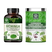 Organic Moringa Capsules 120 Capsules 1000mg and Organic Super Green Energy Drink Mix 200g Moringa Powder