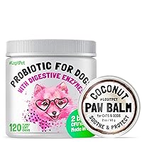 Probiotics for Dogs with Natural Digestive Enzymes + Prebiotics for Allergy & Itch Relief 120 Soft Chews and Paw Balm Wax Soother & Moisturizer Cream with Natural Coconut Oil 2oz Bundle