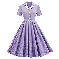 1950s Dresses for Women Vintage Rockabilly Short Sleeve V Neck Midi Dress Gingham Cocktail Party Evening Prom Gown