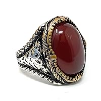 925 Sterling Silver Filigree Red Agate (Aqeeq) Men's Ring I2D
