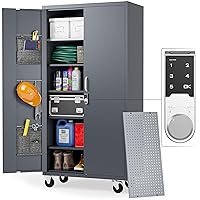Extra-Spacious Metal Storage Cabinet with Wheels - Garage Storage Cabinet with Locking Doors, Digital Lock, Adjustable Shelf Height, Leg Levelers, Pegboard and Accessories (Dark Gray)