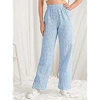 Pants for Women Buffalo Plaid Straight Leg Pants MISEV (Color : Blue and White, Size : Large)