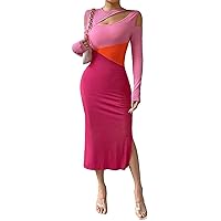 Milumia Women's Rib Knit Cut Out Long Sleeve Bodycon Dress Color Block Slit Thigh Midi Dresses