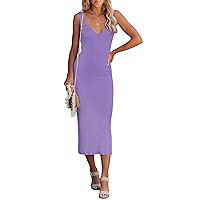 MEROKEETY Womens 2024 Summer V Neck Knit Midi Dress Bodycon Sleeveless Ribbed Sweater Dresses