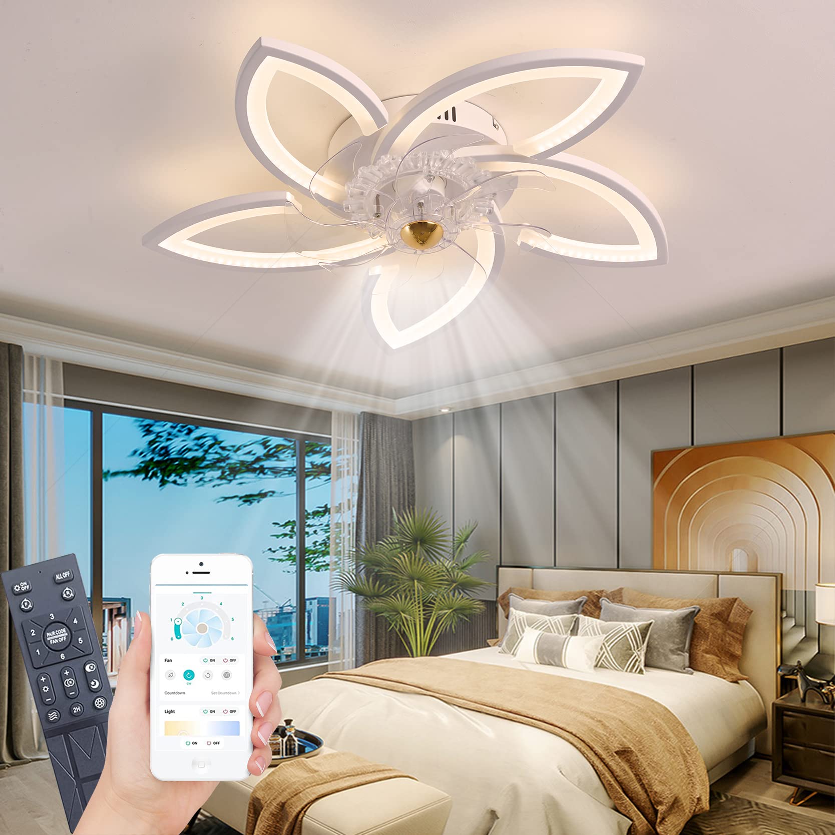 LED Deckenventilator mit Beleuchtung, 96W Dimmbare Deckenleuchte mit Ventilator Fernbedienung APP 3 Farbtemperatur 6-Speed Leise Deckenventilator für Schlafzimmer Wohnzimmer Esszimmer (Weiß, 70cm)