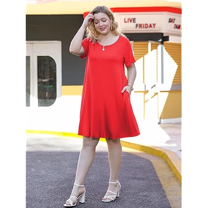 JollieLovin Women's Casual Swing Loose T-Shirt Dress Summer Short Sleeve Dresses with Pockets (Available in Plus Size)