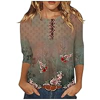 3/4 Length Sleeve Womens Tops Crewneck Shirts Trendy Floral Tops Three Guarter Length T Shirt Summer Pullover