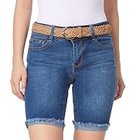 WallFlower Women's Luscious Curvy Denim Shorts Mid-Rise Bling and Belted Insta Stretch Juniors (Standard and Plus)