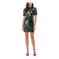 Speechless Womens Green Sequined Zippered Cutout Back Pouf Sleeve Mock Neck Short Party Body Con Dress Juniors 9