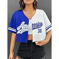 Women's Tops Sexy Tops for Women Women's Shirts Letter Graphic Two Tone Drop Shoulder Crop Blouse Shirts for Women (Color : Blue and White, Size : Small)