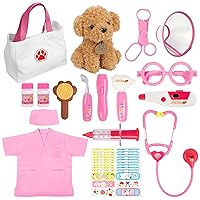 Liberry Doctor Kit for Toddlers 3 4 5 6 Years Old, 26 Pcs Kids Doctor Playset with Dog Toy, Stethoscope and Dress Up Costume, Pretend Play Medical Gift for Girls (Pink)