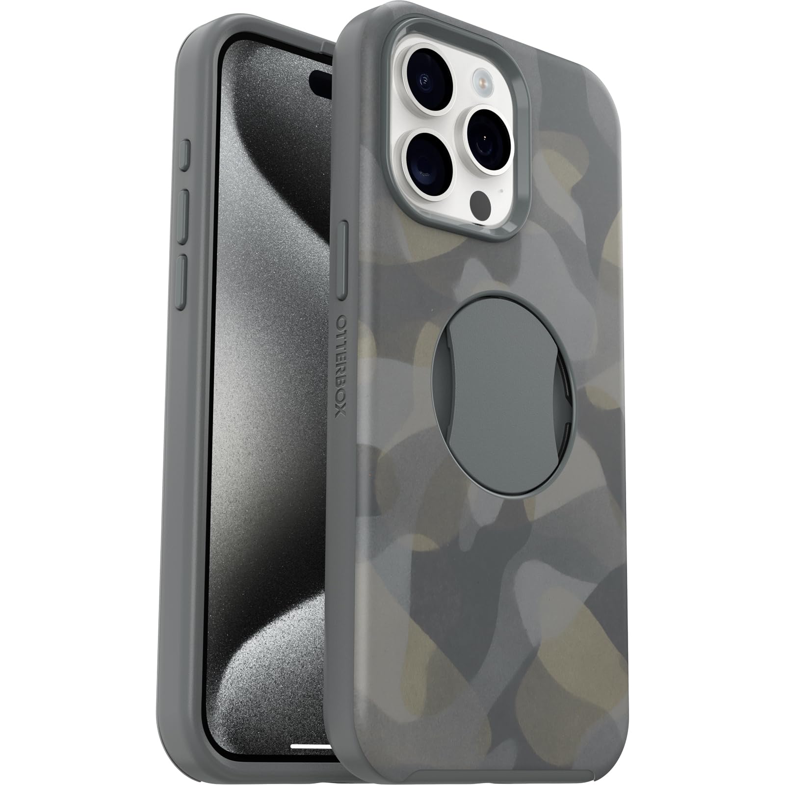 OtterBox iPhone 15 Pro MAX (Only) OtterGrip Symmetry Series Case - IRON CAMO (Grey), Built-in Grip, Sleek Case, Snaps to MagSafe, Raised Edges Protect Camera & Screen