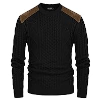 PJ PAUL JONES Men's Military Pullover Sweater Crewneck Vintage Cable Knit Sweater with Suede Patchwork