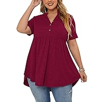 PLOKNRD Women's Plus Size Tops Short Sleeve Henley V Neck Button Up Flowy T Shirts Tunic Loose Blouses