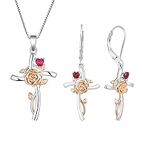 YL Cross Pendant Necklace 925 Sterling Silver Flower Rose Crucifix Dangle Earrings Created Ruby Criss Jewelry for Women