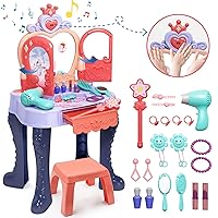 Toddler Vanity Makeup Table with Mirror and Chair, Open Doors by Gestures,Toddler Kids Vanity Set with Music Sound & Light Magic and Accessories, Girls Vanity for Toddlers 3-5 Years Old
