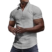 Mens Waffle Polo Shirt Quarter Zip Casual Lapel Collar Short Sleeve Muscle Golf Shirts Lightweight Textured T Shirt