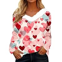 Oversized Workout Tops for Women,Womens Women's Valentine's Day Love Heart Plush V Neck Shirt Romantic Blouse