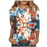 3/4 Sleeve Shirts for Women 3/4 Sleeve Tops for Women 2024 Vintage Print Fashion Trendy Loose Fit with Round Neck Summer Tunic Shirts Orange XX-Large