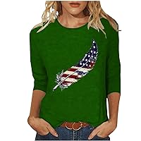 Deals of The Day Lightning Deals 4th of July Shirts for Women Cute Feather Print 3/4 Length Sleeve Womens Tops Dressy Casual Tees Blouses Loose Streetwear Green