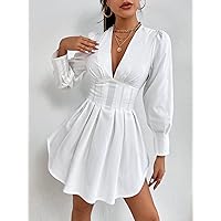 Women's Dress Dresses for Women Plunging Neck Bishop Sleeve Fold Pleated Dress (Color : White, Size : XX-Small)