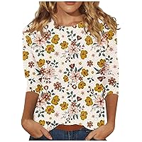 3/4 Sleeve Tops for Women, Women's Print 3/4 Sleeve Floral Print T-Shirt Slim Top Casual Tops