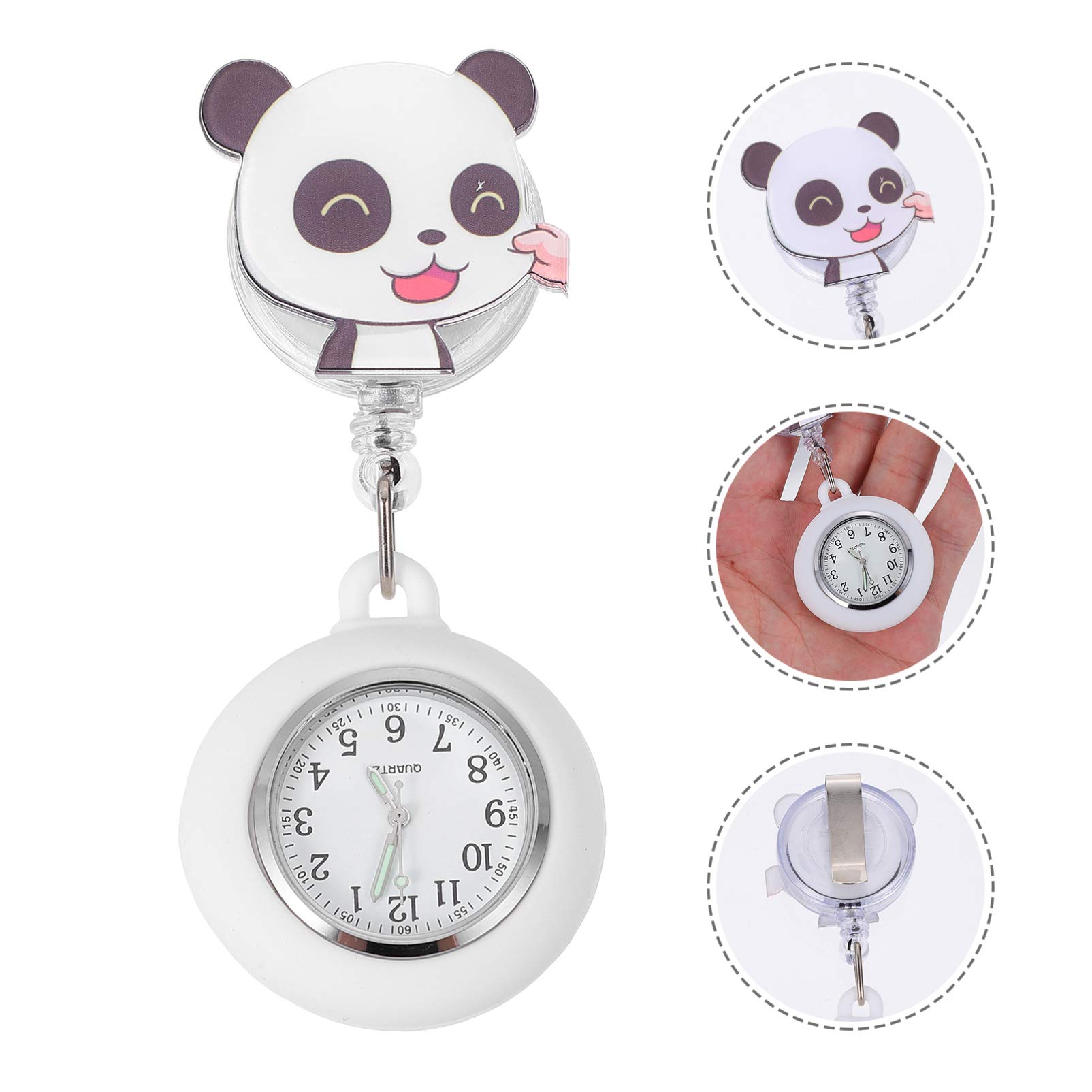 Hemobllo Nurse Lapel Watch Doctor Clip on Retractable Cartoon Panda Pattern Silicone Cover Badge Fob Watch