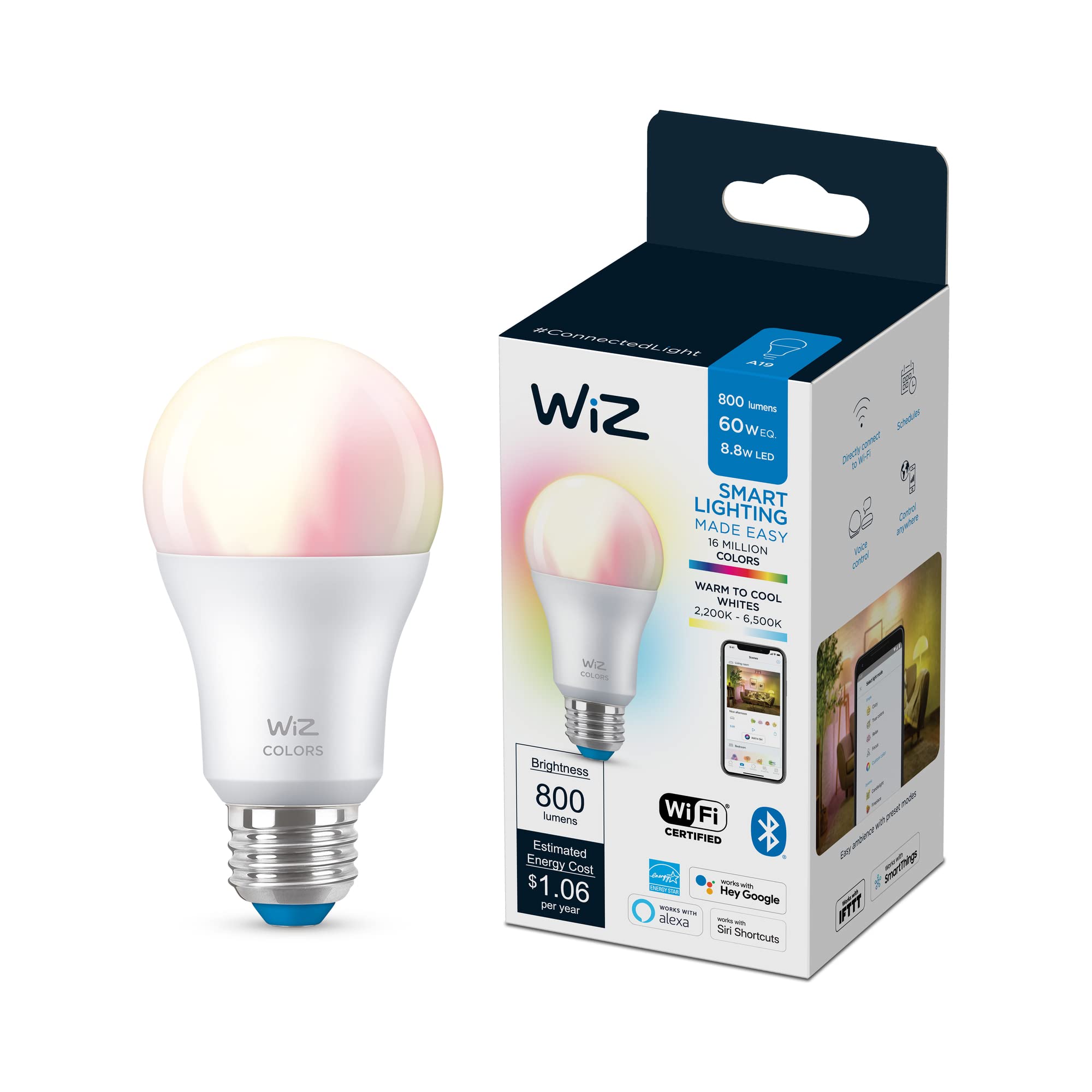WiZ 60W A19 Color LED Smart Bulb - Pack of 1 - E26, Indoor - Connects to Your Existing Wi-Fi - Control with Voice or App + Activate with Motion - Matter Compatible
