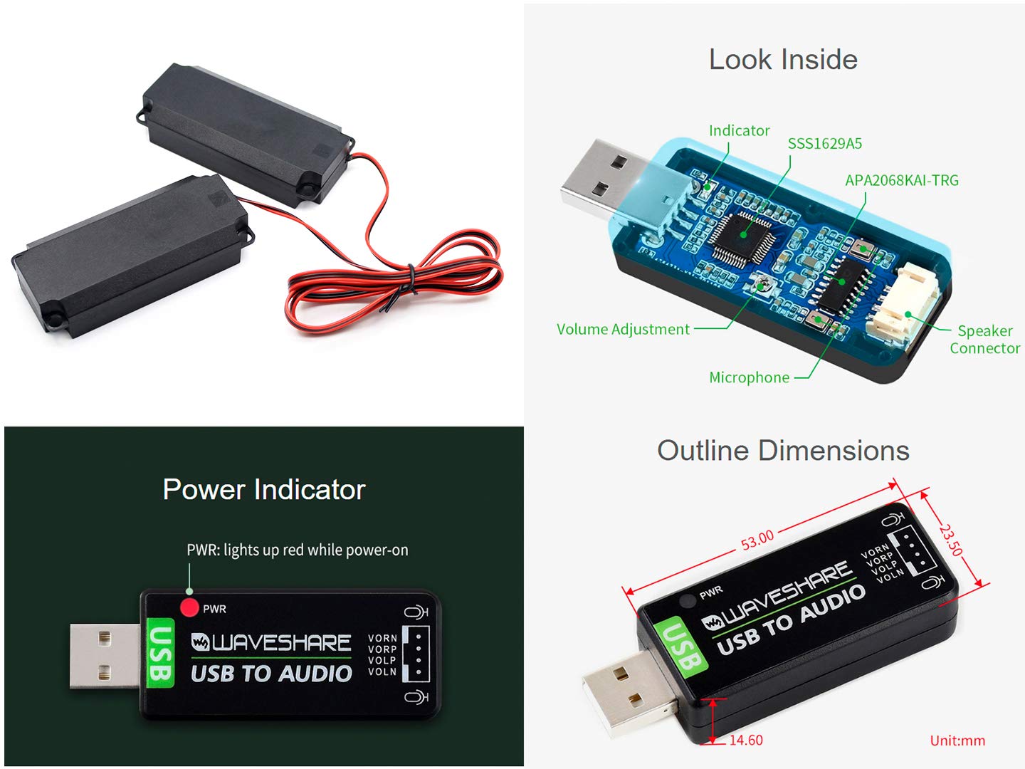 USB to Audio Adapter External Stereo Sound Card Converter with 8Ω 5W Speaker for Raspberry Pi/Jetson Nano, Win7/8/8.1/10,Mac,Linux,Android, USB 2.0 Port Driver-Free, Plug and Play