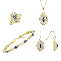 RYLOS Matching Jewelry Set Floral Design: Yellow Gold Plated Silver Tennis Bracelet, Earrings, Ring & Necklace. Gemstone & Diamonds, 7