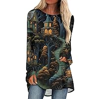 NLRTEI Women Plus Size Gothic T Shirts,Halloween Long Sleeve Round Neck Top Vintage Gothic Casual Shirt
