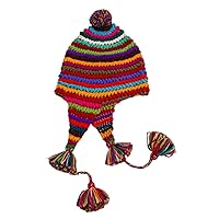 NOVICA Handmade 100% Alpaca Chullo Hat Striped Multicolored with Pompom from Peru Wool Accessories Hats Knit Patterned 'Tactile Rainbow'
