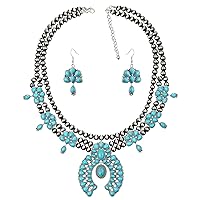 Vintage Metal Synthetic Turquoise Necklace Earrings Set Fashion Jewelry