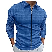 Zip Up Knitted Polos Shirts for Men Long Sleeve Waffle Knit Sports Golf Shirts Casual Running Workout Sweatshirts