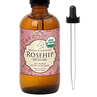 US Organic Rosehip Seed Oil, USDA Certified Organic, Cold Pressed, Virgin Organic, Amber Glass Bottle and Glass Eye Dropper for Easy Application - 4 oz (115 ml)