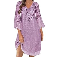 Dresses for Women Summer 3/4 Sleeve Floral Blouses Shirts Double V Neck Dressy Tunics Tops