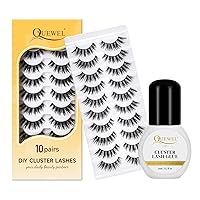 QUEWEL DIY Eyelash Extensions 10 Pairs Lash Clusters Natural Look Eyelash Clusters with Cotton Thin Band+QUEWEL Lash Clusters Glue 6ml Cluster Lashes Glue Black Eyelash Clusters Glue