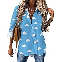 White Clouds Blue Sky Women's Button Down Shirts Long Sleeve Loose Blouses Tops Casual V Neck Tunic