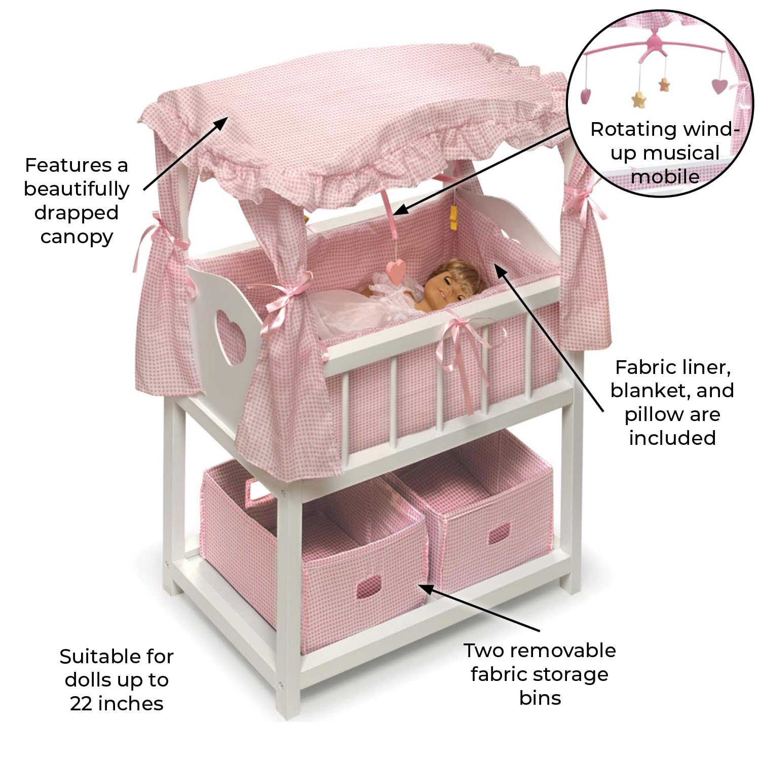 Badger Basket Toy Doll Bed with Storage Baskets, Gingham Bedding, and Musical Mobile for 22 inch Dolls - White/Pink