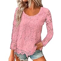 Lace Tops for Women, Casual Solid Color Hollow Out Patchwork Summer Party T-Shirts Lace Long Sleeve Trendy Tunic Tops