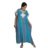 Moroccan Caftan Women Light Weight Linen Handmade with Embroidery Fits Small To Large Cover-up Lounge-wear Ethnic Design